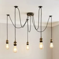 Dunelm Logan 5 Light Spider Antique Brass Industrial Cluster Flex Fitting
