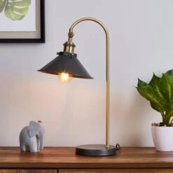 Dunelm Logan Antique Brass Grey Industrial Table Lamp